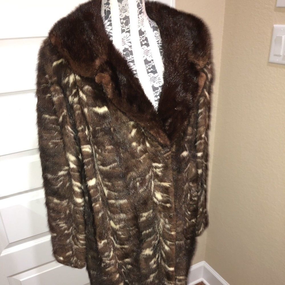 Unique Long Brown and Muted Cream Mink Fur Coat